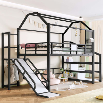 House-Shaped Metal Loft Bed With Slide, Stairs, And Storage Shelves For Kids' Rooms