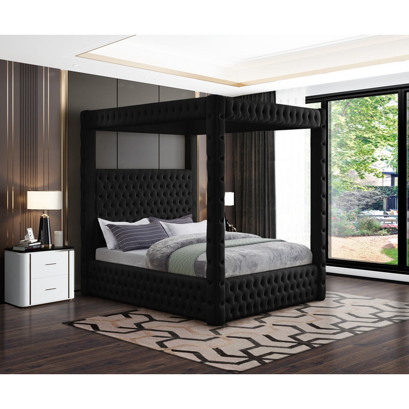 Très grand lit plateforme tapissier Ekke, Velours noir, Très grand