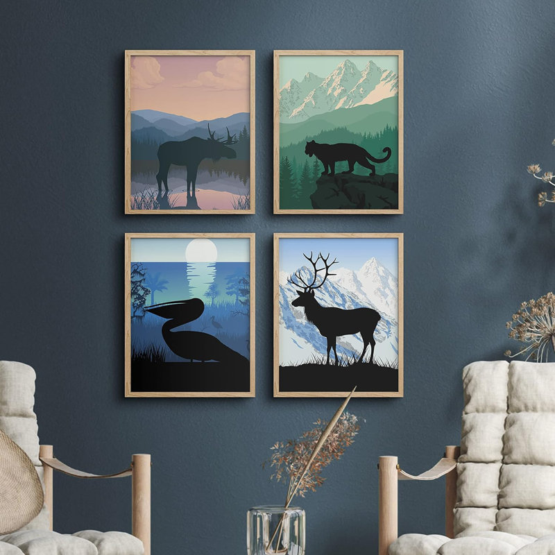 «Moose Mountain Mountain», ensemble de 4 animaux encadrés sur papier, impression encadrée sur papier, 4 pièces, Naturel