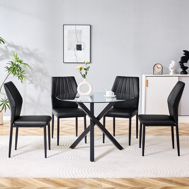 Ensemble de table de salle à manger ronde pour 4 personnes, ensemble de table de salle à manger en verre, ensemble de table de cuisine et de chaises 5 pièces, pour le salon, petit espace (inclure 4 chaises noires)