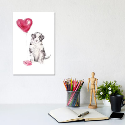 Happy Dog With Gift And Balloon by Wandering Laur - Wrapped Canvas Painting