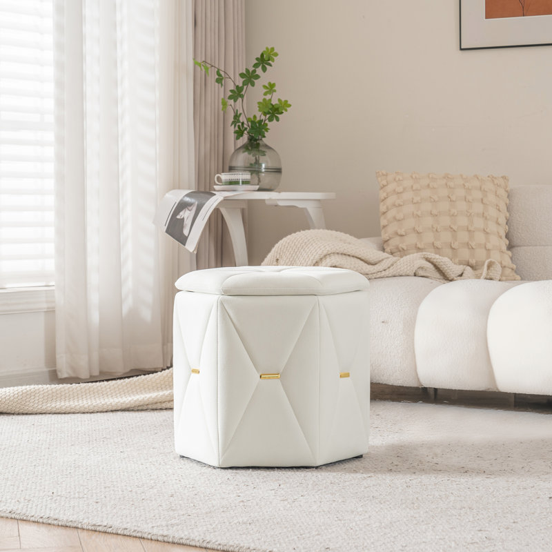 Upholstered Velvet Storage Ottoman with Gold Accents, Ivory