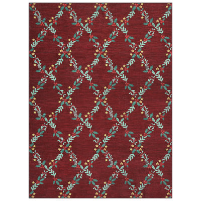 9*12ft Christmas Area Rug Ultra-Soft Trellis Bedroom Carpet, Non Slip Non Shed Xmas Garland Floor Rug, Machine Washable Low Pile Indoor Mats for Living Room, Playroom, Kitchen