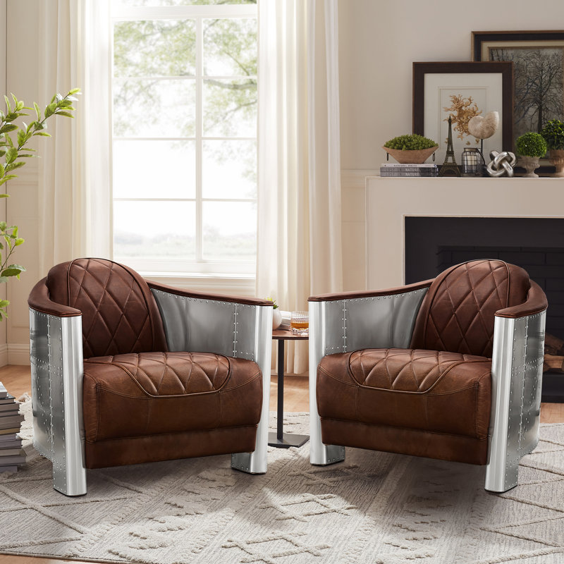 Alvenia 31.1"W Tufted Top-Grain Leather Accent Armchair(Set Of 2), Vintage Cognac