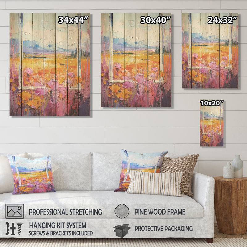 Rose et jaune avec fenêtres à motif floral brise II - prairie sur bois, H 40 po x l 30 po