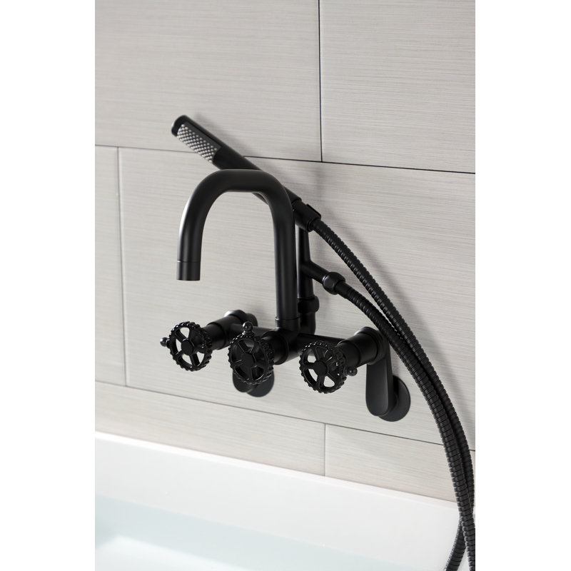 Kingston Brass Fuller Three-Handle 2-Hole Wall Mount Clawfoot Tub Faucet with Hand Shower, Matte Black