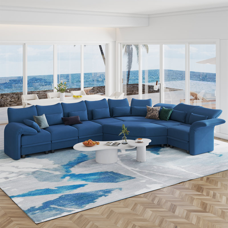 Ahren 8 - Piece Upholstered Chenille Modular L-Shaped Corner Sectional Sofa With Ottoman, Blue Velvet