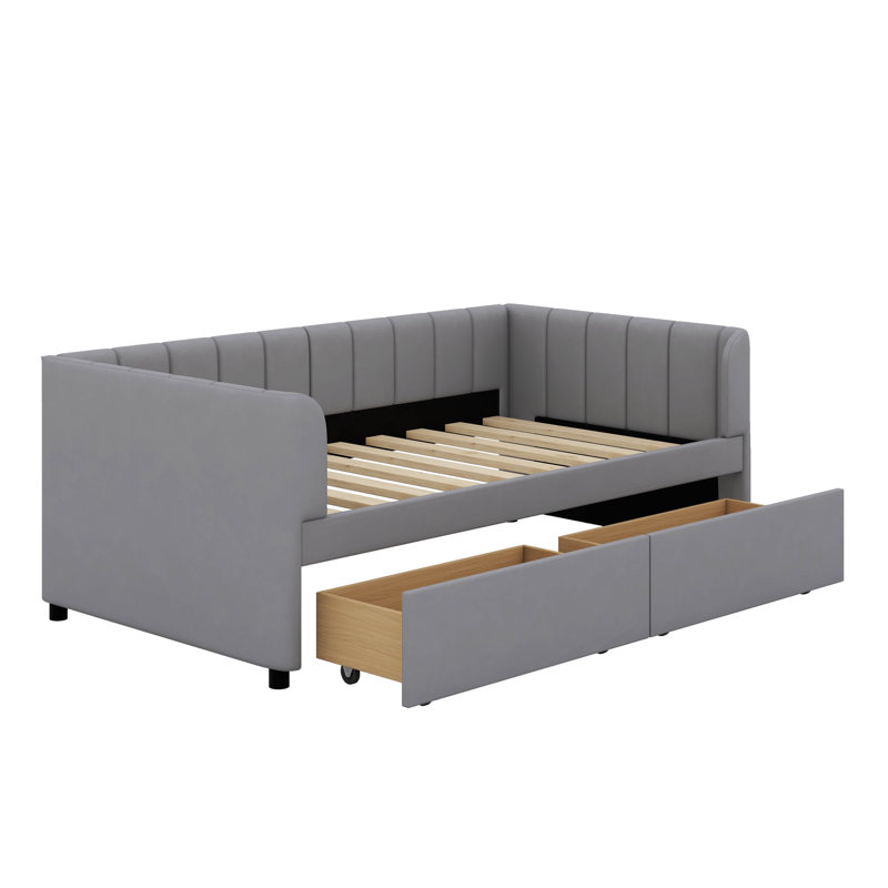 Twin Size Upholstered Daybed With Backrest And Drawers, Gray