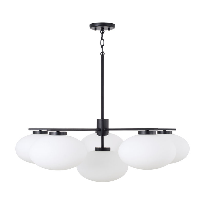 37" W x 12.25" H 6-Light Chandelier in Matte Black with Soft White Glass Oval Globes, Matte Black, 6, 37"W x 12.5"H