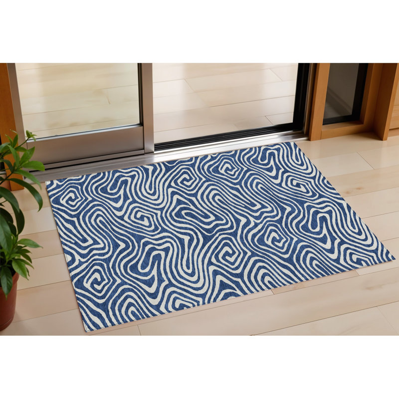 3' X 5' Navy Blue And Ivory Abstract Washable Indoor Outdoor Area Rug