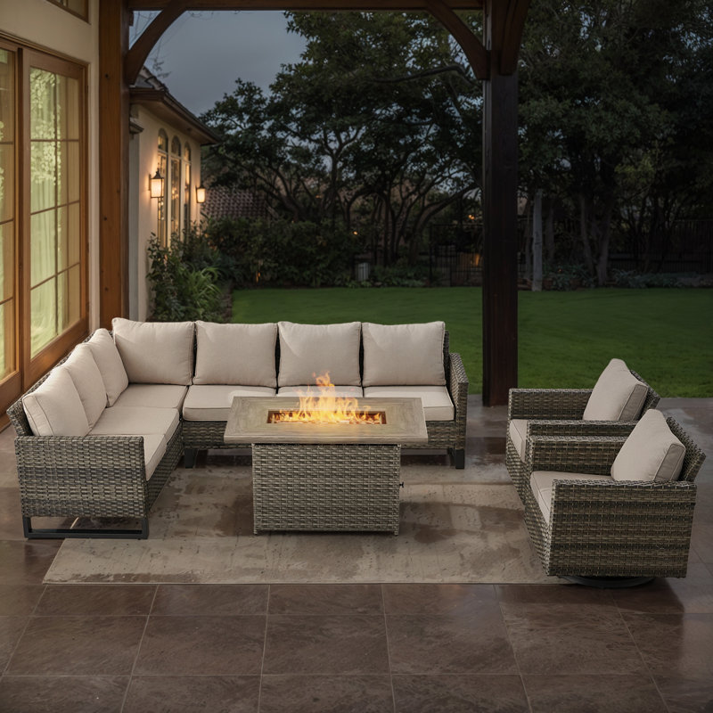 Ingvald 8- Person Outdoor PE Wicker Patio Conversation Set with Fire Pit and Cushions, Beige, Gray