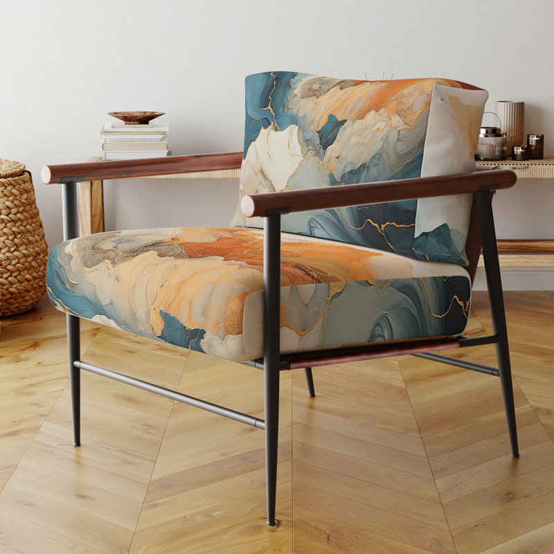 Abstrait orange et bleu abstrait River - Fauteuil rembourré moderne avec accoudoirs abstraits en marbre, Noir