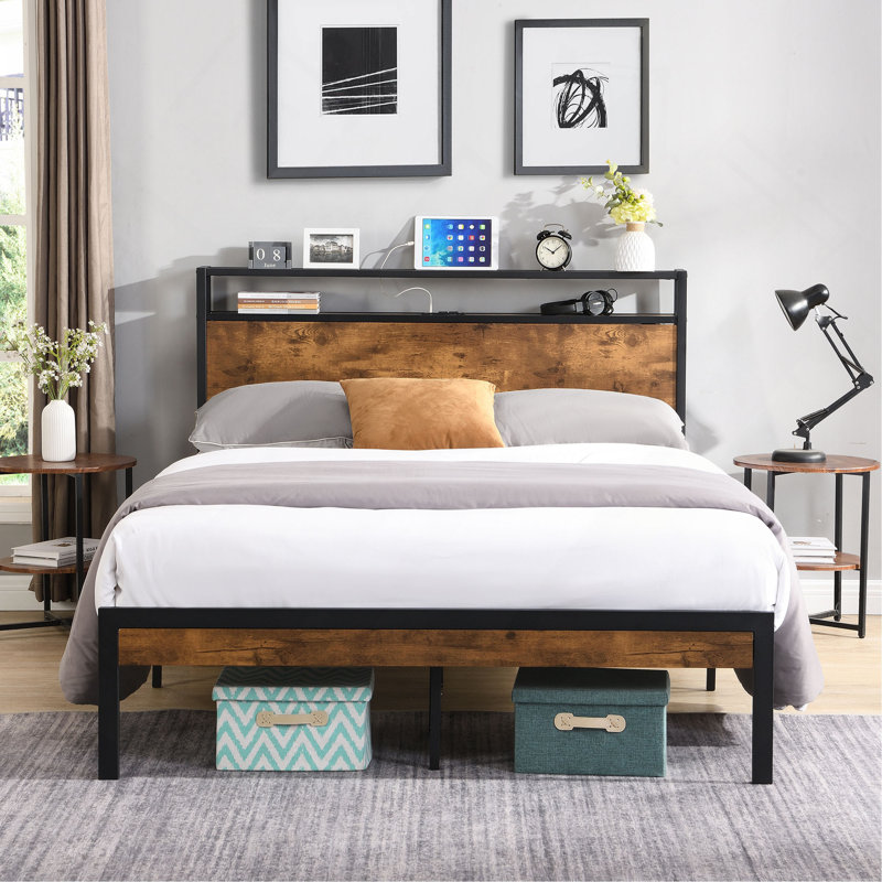Structure de lit plateforme en métal avec tête de lit et pied de lit en bois avec doublure USB, aucun sommier nécessaire, grand rangement sous le lit, assemblage facile