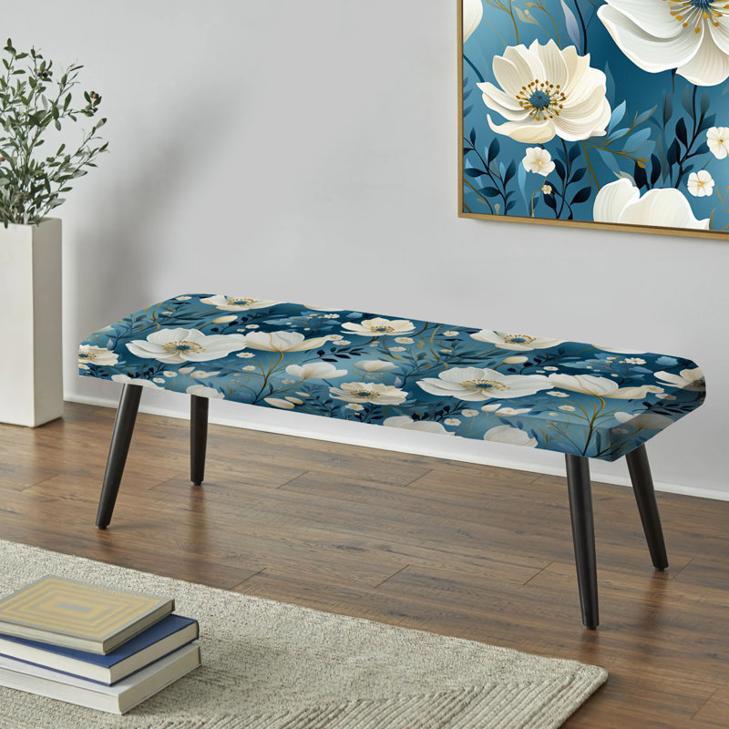White And Blue Blossoms Meadow Serenity I - Floral Upholstered Black Bench