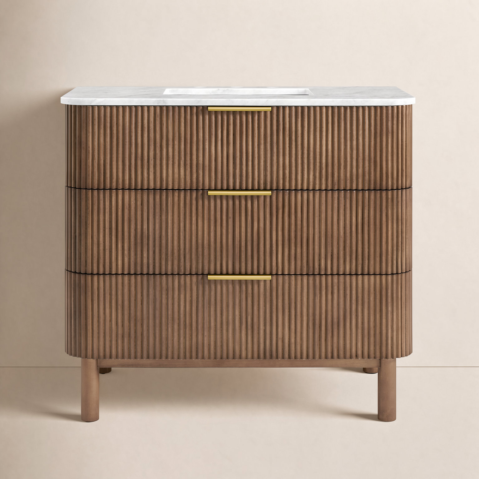 Nova 36" Carrara Marble Single Bathroom Vanity, Brown Reeded Birch