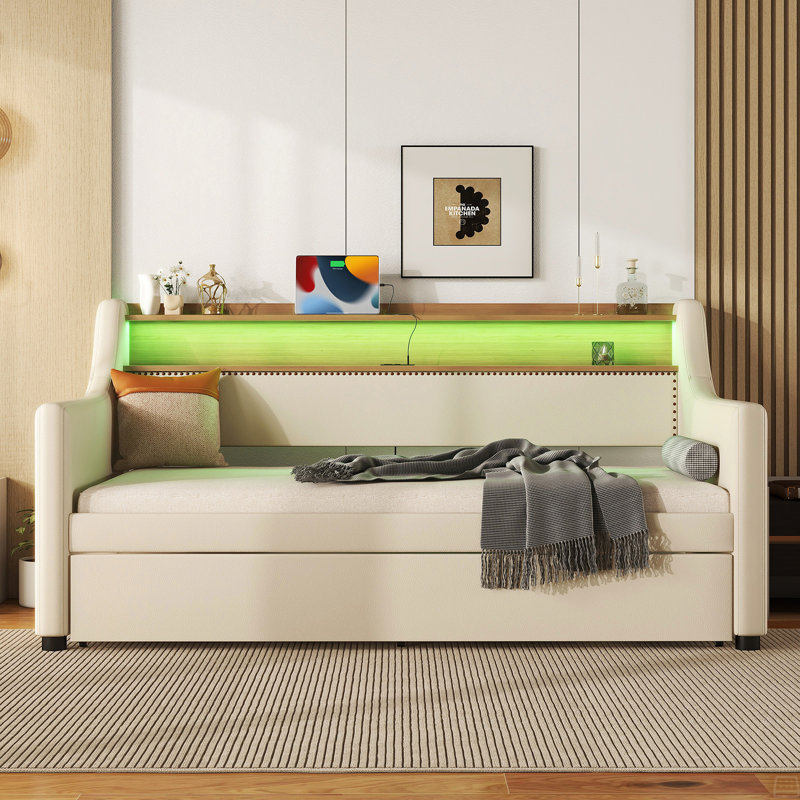 Twin Size Daybed With Trundle, Upholstered Daybed With Charging Station And LED Lights, White