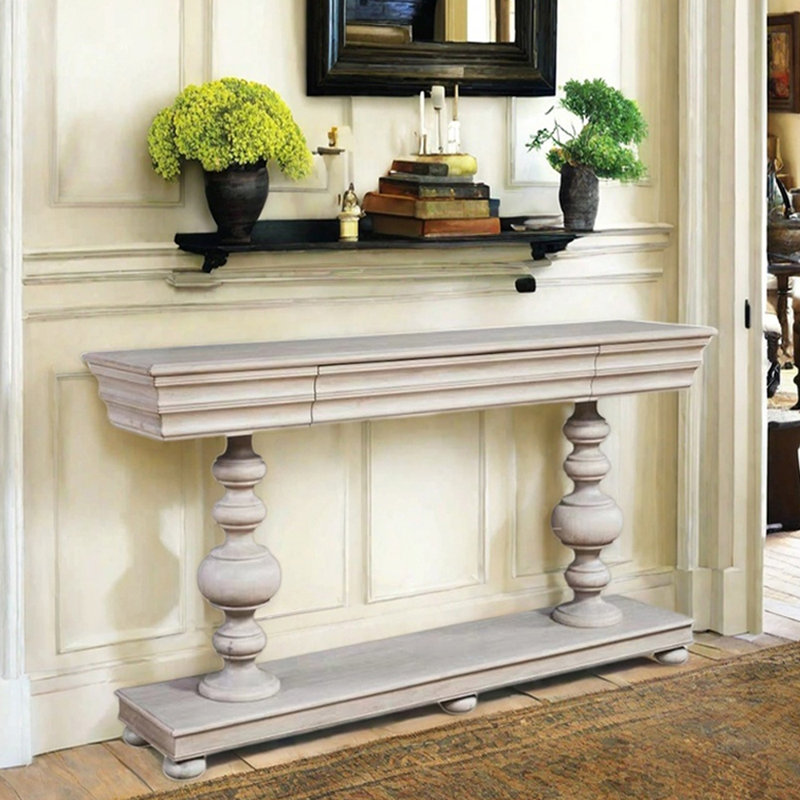 Console en bois massif American Country, Blanc antique, H 33,5 po x l 55,1 po x P 13,8 po