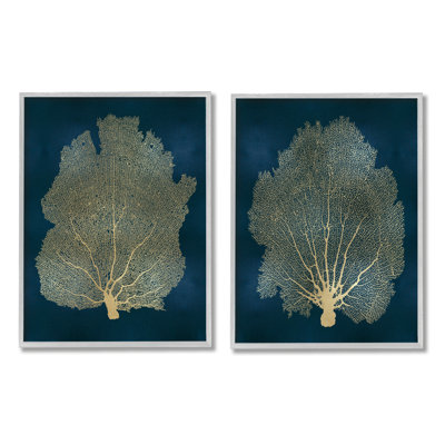 «Modern Sea Fan Composition Blue Gold Ocean Plant 2pc Gray Farmhouse Rustic Oversized