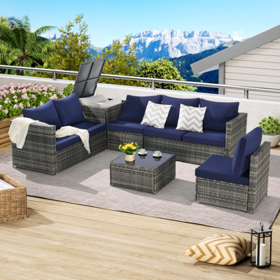 Ensemble de mobilier de patio 6 pièces, ensemble modulaire extérieur en forme de L tissé, ensemble de conversation en osier avec table d'angle et plateau en verre (canapé de patio)