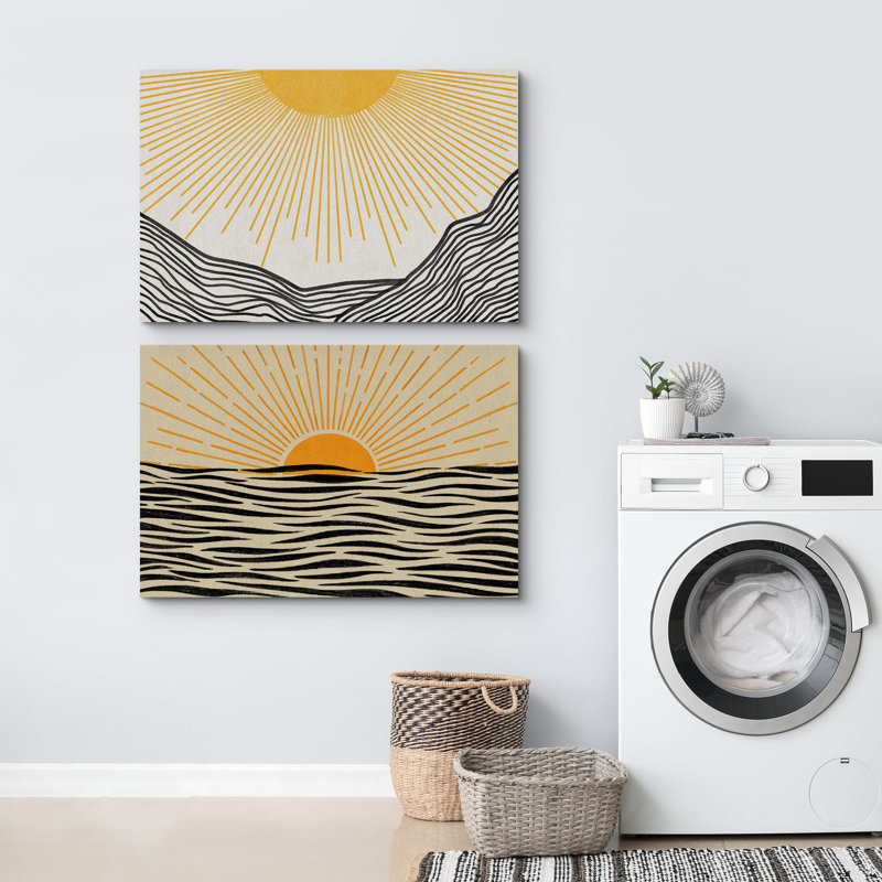 «Yellow Sunrise Abstract Ocean Nautical Coastal Llustrations» 2 pièces, Toile tendue, H 16 po x l 24 po