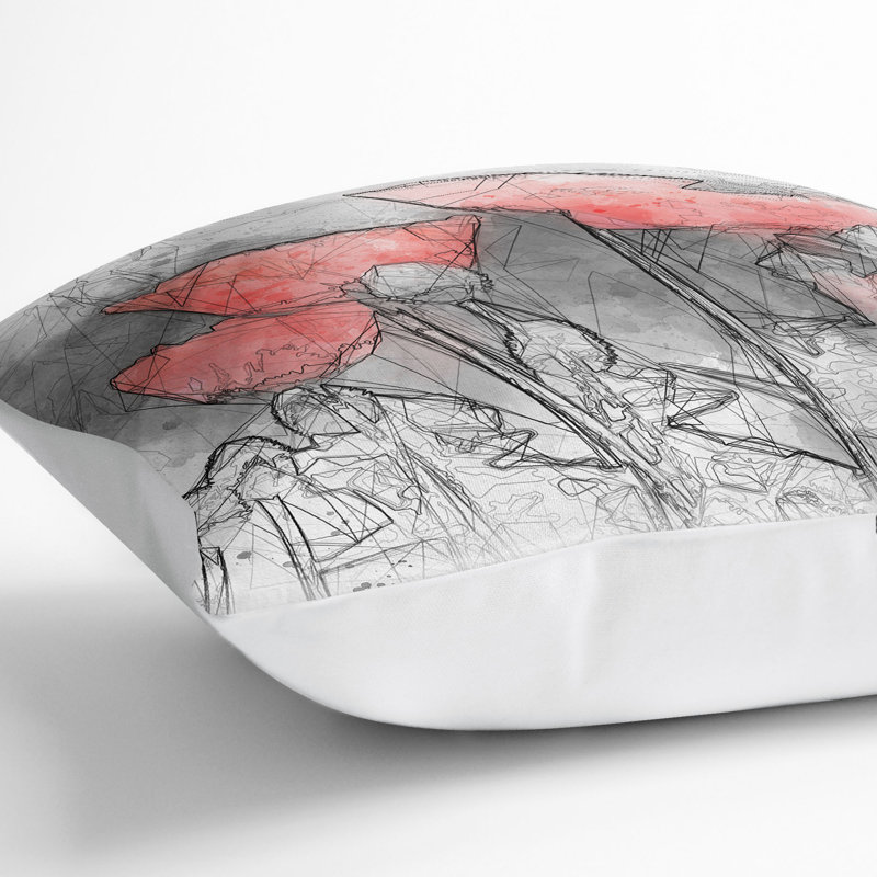 Poppy Field Sketch Cushion with Filling, 40cm H x 40cm W x 15cm D, White