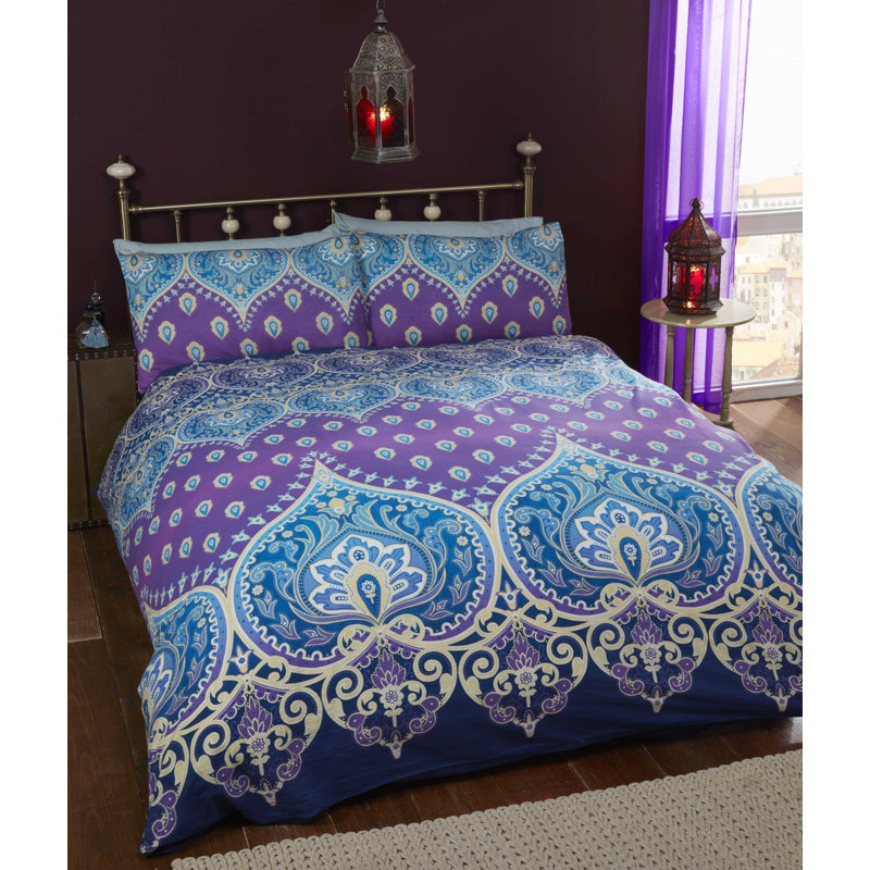 Comerfo Polyester/Cotton Damask Duvet Cover with Pillowcases, Sapphire, King Duvet Cover + 2 Standard Pillowcases