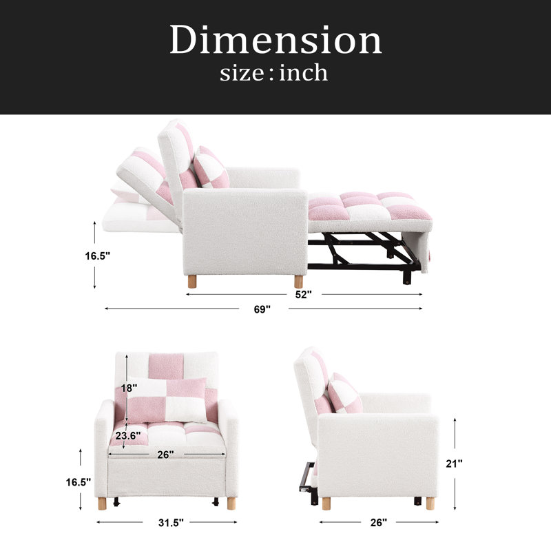Canapé-lit convertible, fauteuil réglable avec coussin, fauteuil multifonctionnel avec tissu en peluche doux pour le salon, le dortoir, un appartement, une chambre ou un bureau