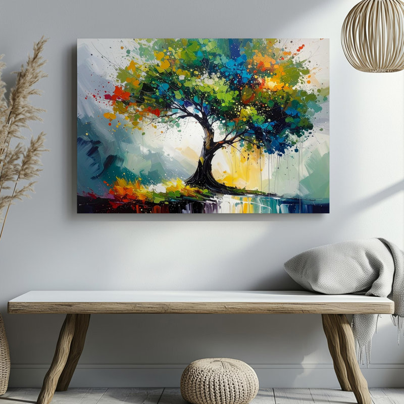Art mural mural arbre vibrant paysage abstrait avec toile brossée dynamique prête à accrocher, H 30 po x l 30 po