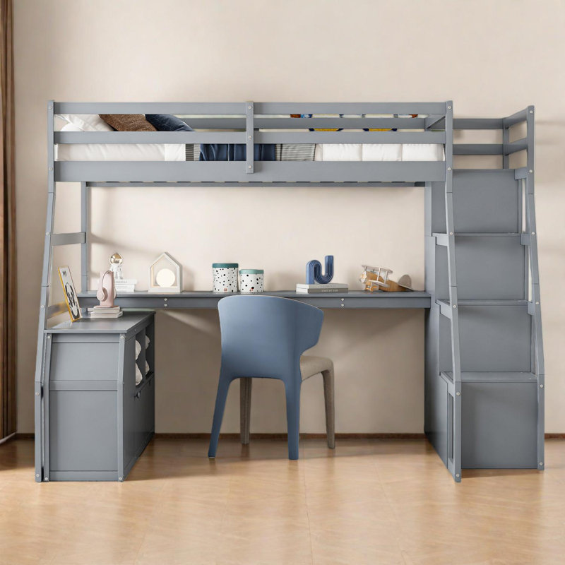 Lit mezzanine double avec 7 tiroirs, tablettes et bureau - Conception compacte, Gris