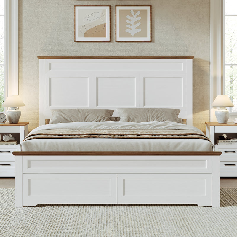 Base de lit en bois de ferme avec tête et pied de lit de 51,2 po de hauteur, Noyer, Lit double