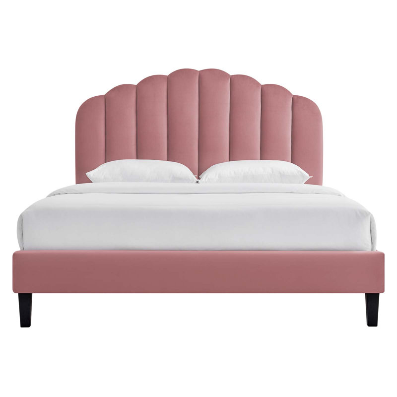 Pink Velvet Queen Platform Bed with Tufted Headboard