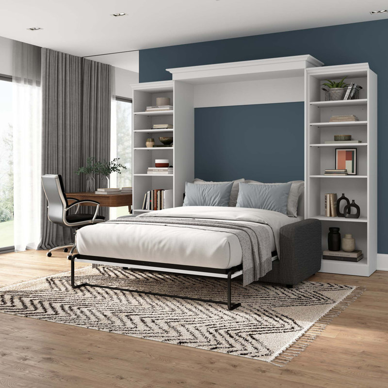 Lit escamotable avec rangement Alvaretta, Blanc / Gris, Grand