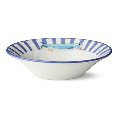 Something Fishy Ceramic Serving Bowl 13 x 3 Inches, coastal striped bowl with colorful fish art, ideal for salads, pasta, seafood sides, summer hosting, beach homes, and vibrant nautical table