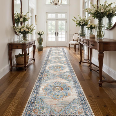 Tapis de couloir lavable - Tapis de cuisine et tapis antidérapant et lavable pour le salon, la chambre et la salle de bain (bleu)