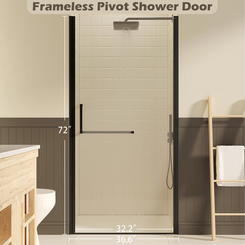 35-36" W ×72" H Frameless Pivot Shower Door, Pivot Swing Shower Glass Doors with 1/4"(6mm) SGCC Clear Tempered Glass,Explosion-Proof Film, Reversible Installation, Matte Black