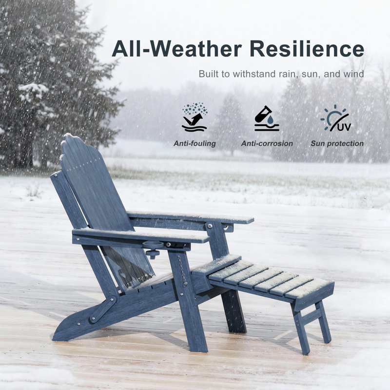 HDPE Foldable Outdoor Adirondack Chair 3-Postion Adjustable with Retractable Ottoman & All-Weather Outdoor Chair for Garden, Lawn & Porch