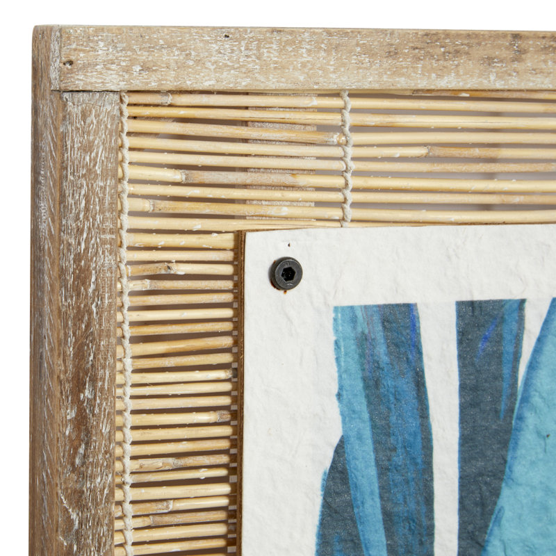 Blue and Green Abstract Leaf Wall Art with Brown Wood Frame, Set of 2