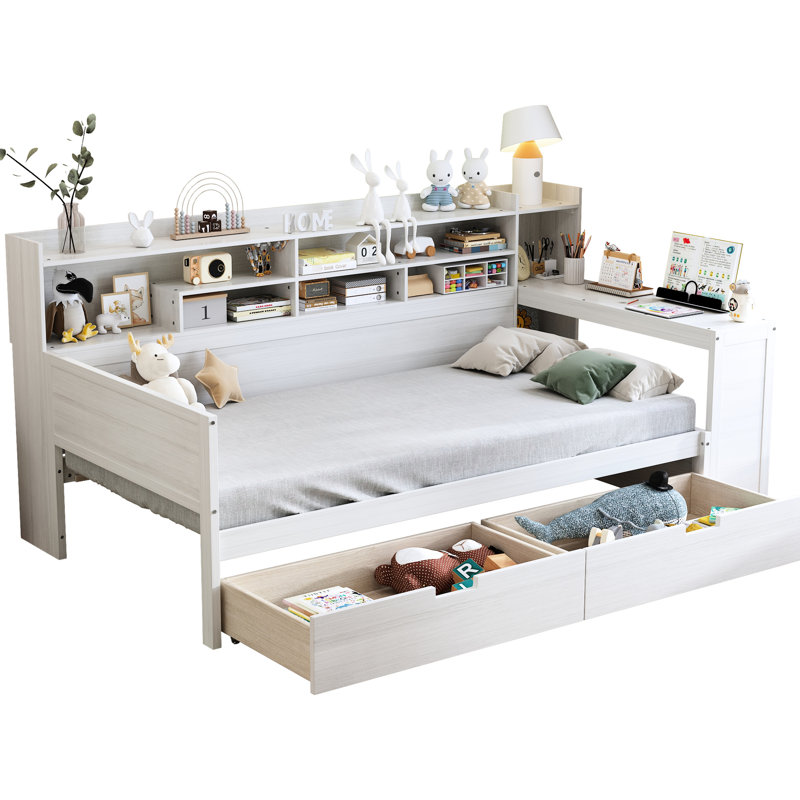 Lit en bois blanc antique avec rangement et bureau d'étude, Blanc antique