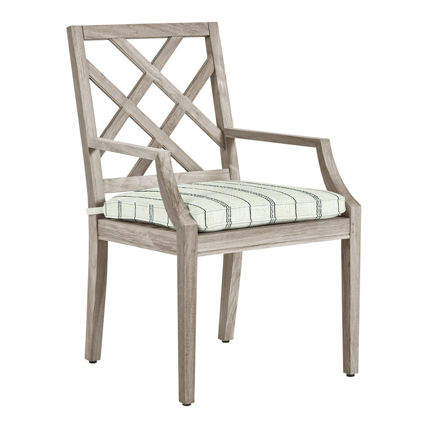 Haley Teak Outdoor Arm Chair Latticework Back, Oyster Teak, Welt, Perigold Caper Slate
