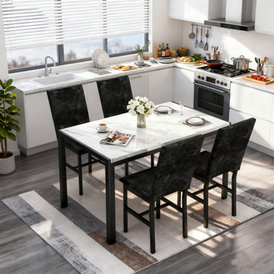 Dining Table Set For 4, 5 Piece Modern Kitchen Table And Chairs Set Of 4, Faux Marble Dinner Table With 4 Velvet Upholstered Chairs, Dining Room Table Set For Small Space, Living Room, Breakfast Nook