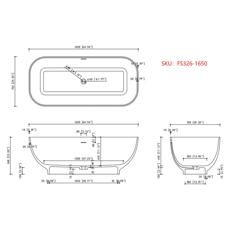65" solid surface soaking bathtub