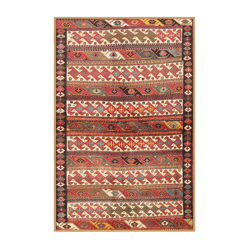 Tapis traditionnel rouge / noir / jaune clair, Rectangle 7 pi x 10 pi