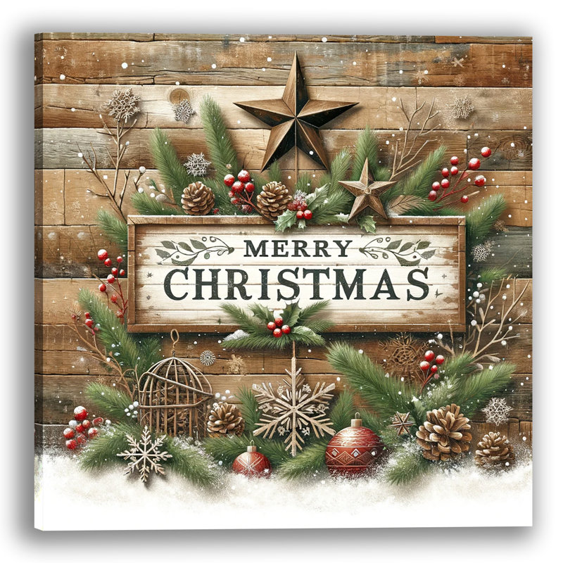 «Rustic Woodland Merry Christmas Wreath», reproduction sur toile tendue, H 20 po x l 20 po x P 1,5 po