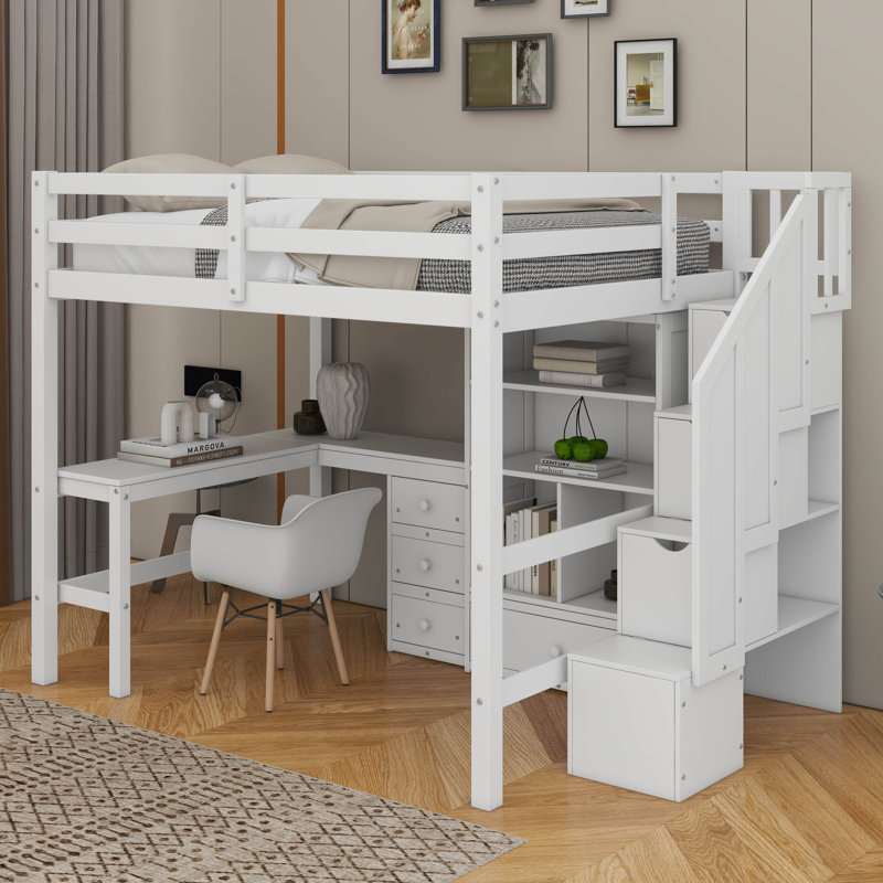 Lit mezzanine double avec bureau en L et tiroirs, Blanc