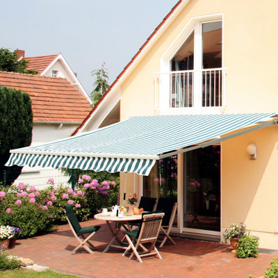 12' X 10' Retractable Yard Awning . Sun Shade Shelter, Manual Crank, 280G/M Fabric, Aluminum Frame. Deck Awning. With & Water- Frame For Balcony Entertainment.