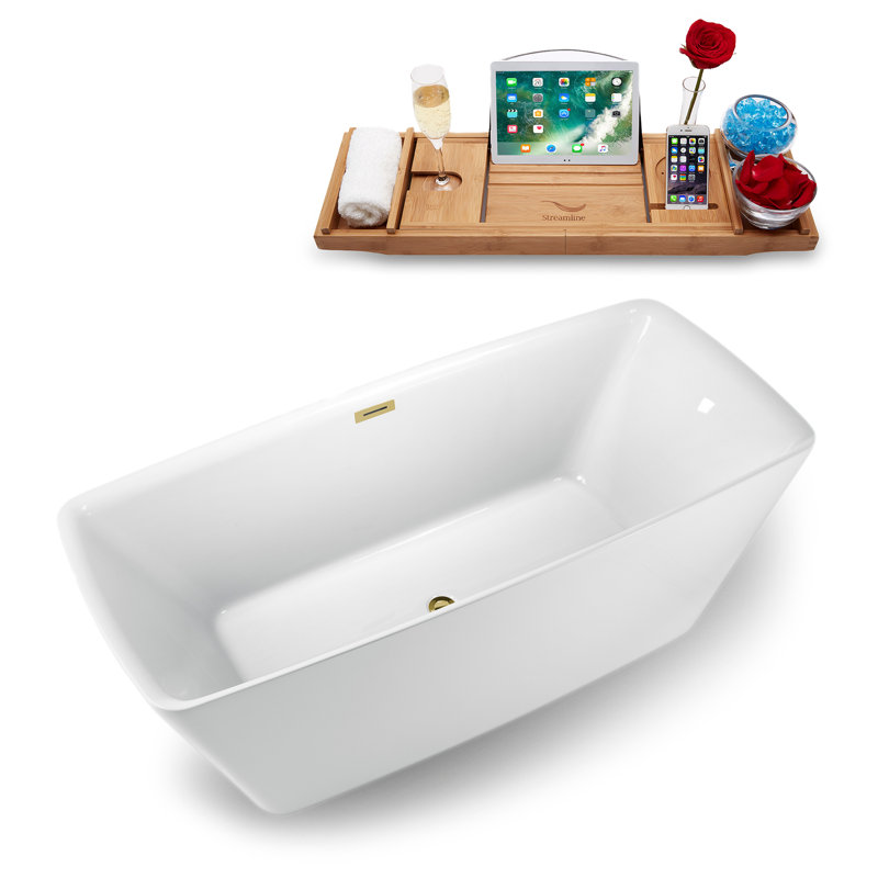 59" x 28" Freestanding Soaking Acrylic Bathtub, Brushed Gold