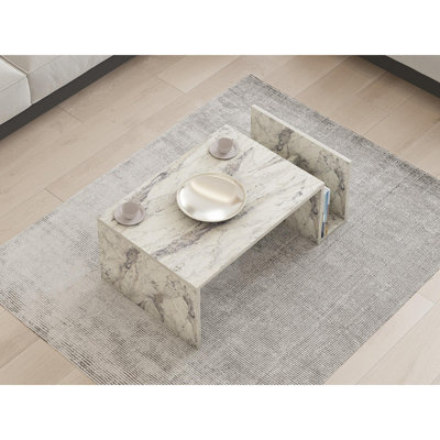 Modern Coffee Table with Freesia Marble Finish, 34.2 x 12.8 x 19.7 Inches | 100% Melamine Coated Particle Board, Thickness: 0.7 Inches | Wall-Mounted Option & Lower Shelf for Storage | Elegant & Stylish Design