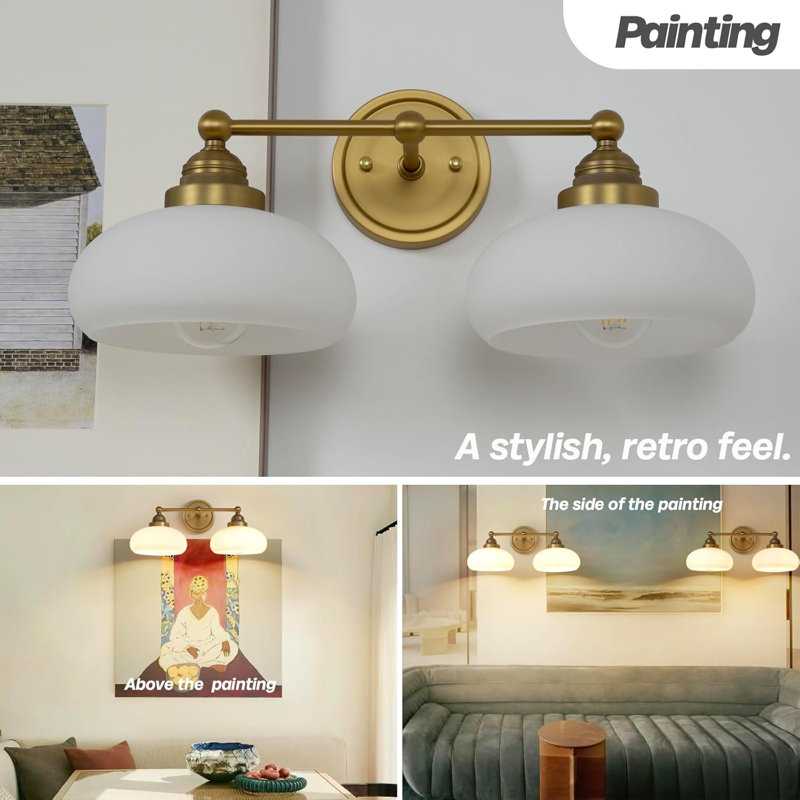 Vintage 2-Light Wall Sconce With Milk White Glass Shade, Double Arm Wall Lamp For Living Room, Dining Room, Bedroom, Hallway, Antique Style