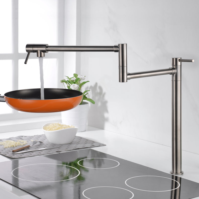 Robinet de cuisine, robinet de lavabo de cuisine à fixation sur plateau avec bec articulé double, Nickel brossé