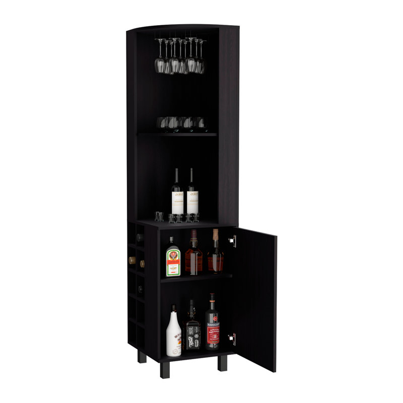 Armoire de bar 70 po de hauteur avec quatre tablettes, dix casiers à bouteilles de vin et verres à pied, Noir